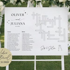 Puede incluir: Un letrero blanco con un crucigrama, con los nombres "Oliver y Juliana" y la fecha "00.21.20XX". El letrero incluye el texto "Sip & Solve" y "Video Tutorial Included".