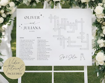 May include: A white sign with a crossword puzzle, featuring the names "Oliver and Juliana" and the date "00.21.20XX". The sign includes the text "Sip & Solve" and "Video Tutorial Included".
