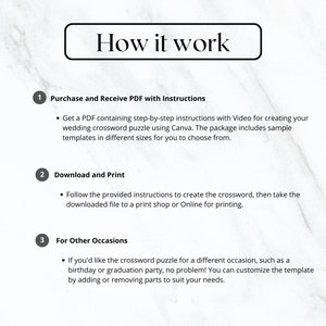 May include: A white background with black text explaining how to purchase and use a wedding crossword puzzle template. The text includes the steps: Purchase and Receive PDF with Instructions, Download and Print, and For Other Occasions.