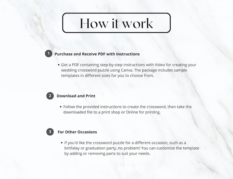 May include: A white background with black text explaining how to purchase and use a wedding crossword puzzle template. The text includes the steps: Purchase and Receive PDF with Instructions, Download and Print, and For Other Occasions.