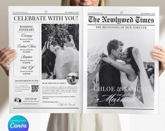 Wedding Newspaper program canva Template, Printable 4 page Wedding Invitation, Itinerary Newspaper club for print