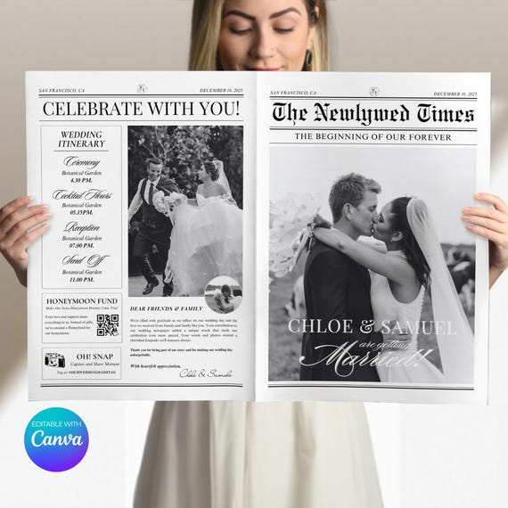 Wedding Newspaper Template: Editable Canva Itinerary (Digital Download)