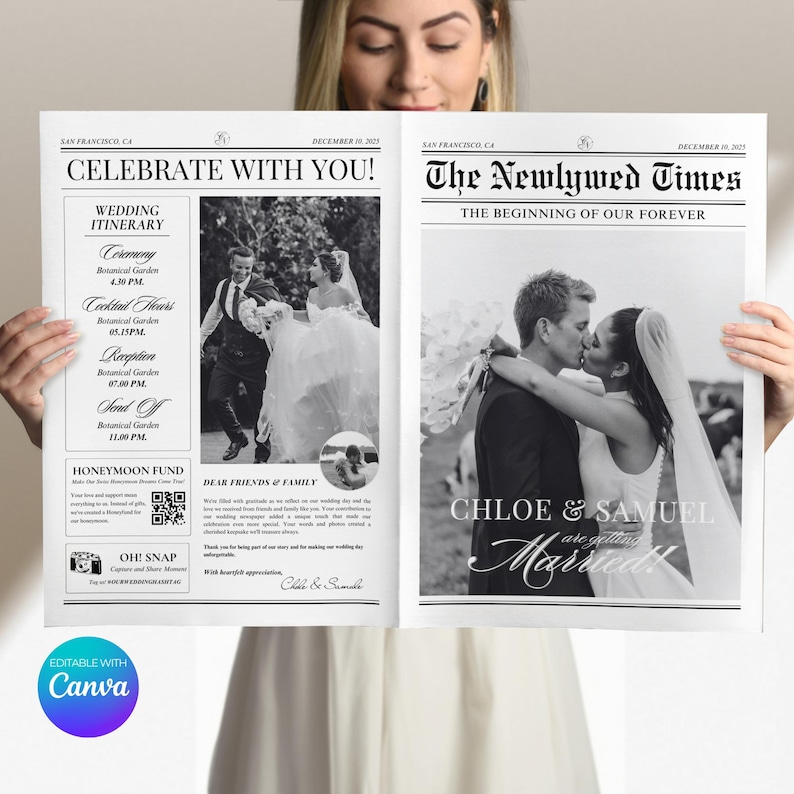 4 Page Wedding Newspaper Program Template, Editable Large Newspaper Canva Template,Wedding day timeline,Newlywed times,Itinerary welcome bag