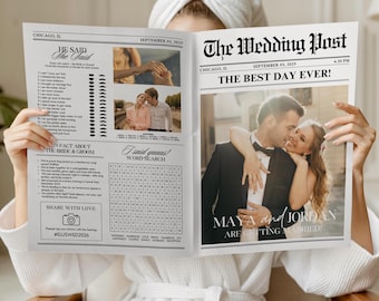 Wedding Newspaper program canva Template, Printable 4 page Wedding Invitation, Itinerary Newspaper club for print