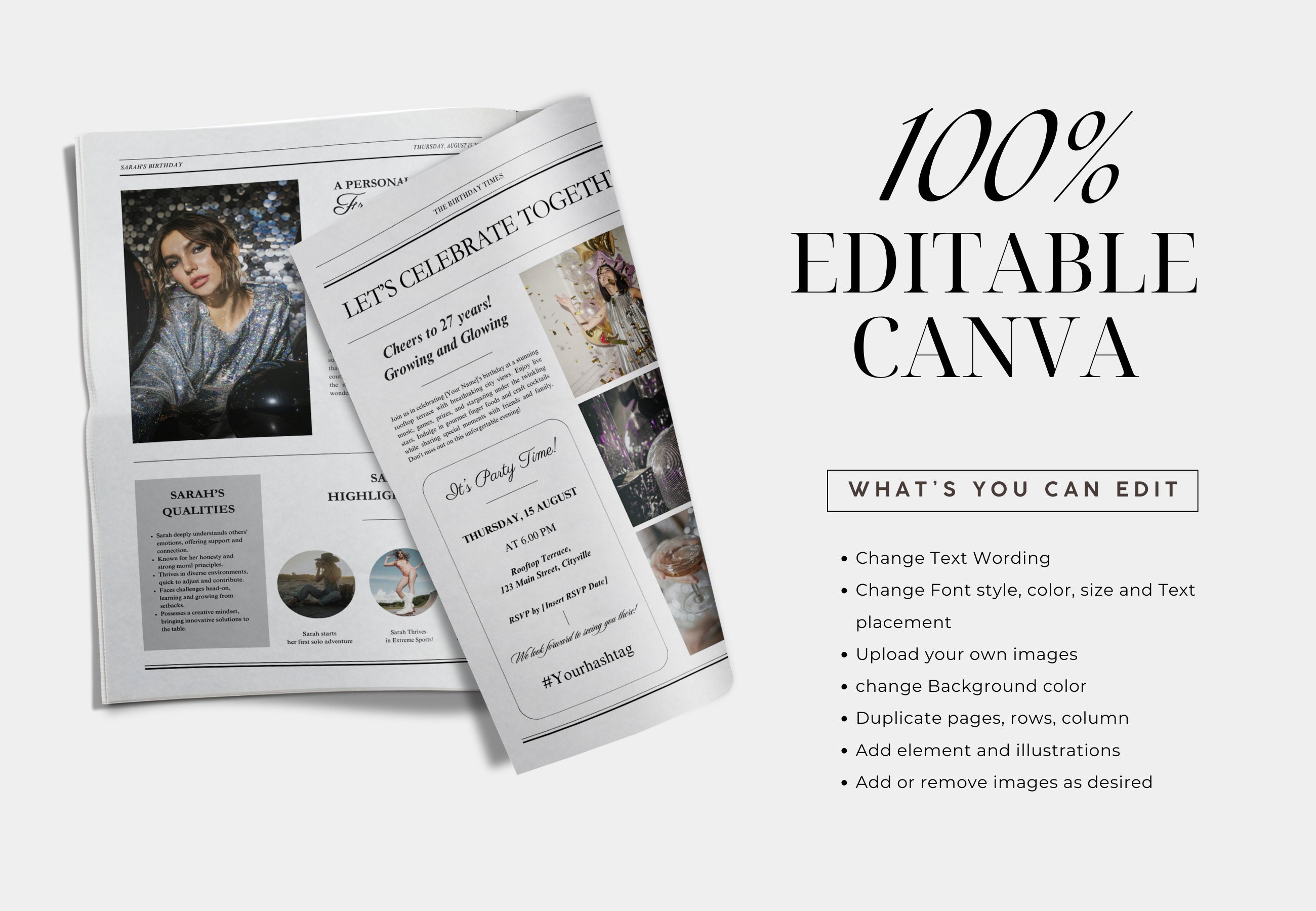 Editable Birthday Newspaper Template, Canva Customizable Photoshoot