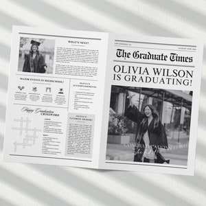 Può includere: Un annuncio di laurea in stile giornale in bianco e nero per Olivia Wilson. Il titolo principale recita "Olivia Wilson si laurea!" e presenta una foto di Olivia con il cappello e la toga da laurea. Il giornale include anche un cruciverba e un elenco dei risultati di Olivia.