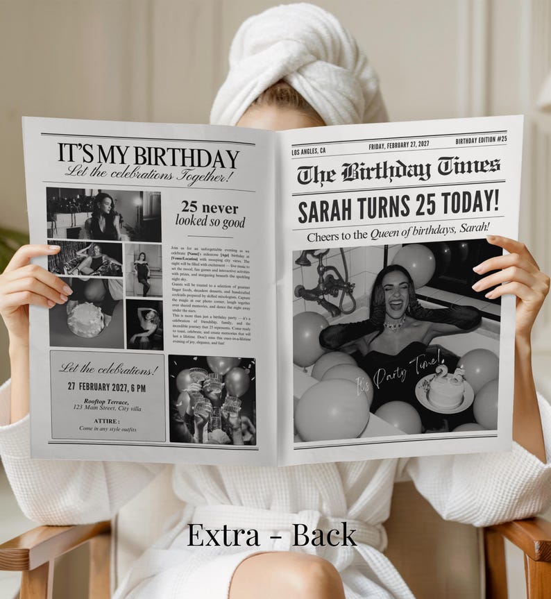 Birthday Newspaper canva Template, Invitation Party, Editable large Newspaper, (Digital Download)