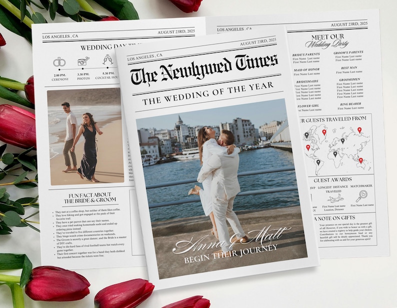 Newspaper Wedding Program Canva Template, Editable Wedding Newspaper Program, Large Newspaper, Wedding day itinerary timeline, welcome bags