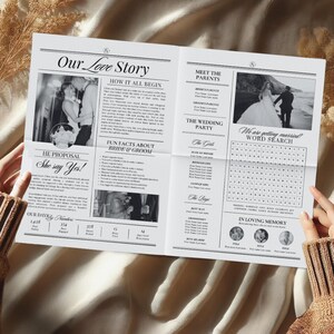 4 Page Wedding Newspaper Program Template, Editable Large Newspaper Canva Template,Wedding day timeline,Newlywed times,Itinerary welcome bag