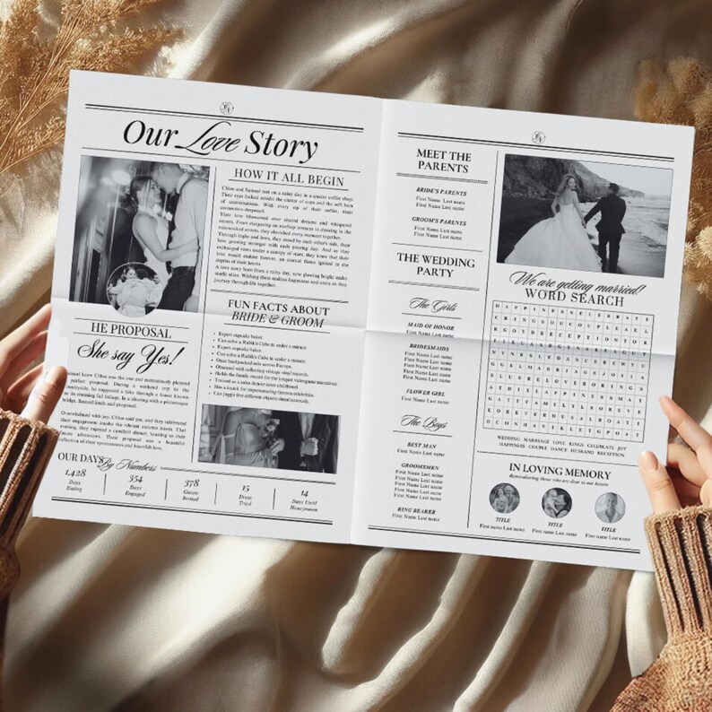 4 Page Wedding Newspaper Program Template, Editable Large Newspaper Canva Template,Wedding day timeline,Newlywed times,Itinerary welcome bag