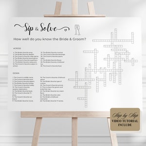 May include: A printable wedding game, "Sip & Solve", with a crossword puzzle and a list of clues about the bride and groom. The game is designed to be played at a wedding reception or bridal shower.