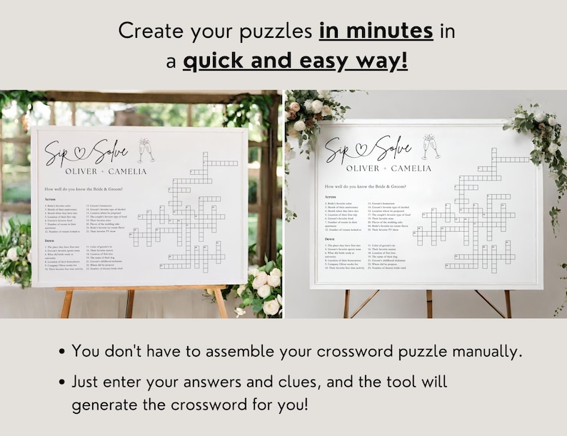 May include: Two black and white wedding crossword puzzles with the text "Sip & Solve" and the names "Oliver & Camelia". The puzzles are on easels and are set up for a wedding reception.