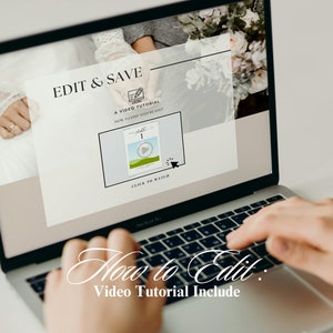 May include: A laptop computer screen displaying a website with the text "EDIT & SAVE" and "A VIDEO TUTORIAL". The website also includes a video player with a play button and the text "CLICK TO WATCH". The text "How to Edit: Video Tutorial Include" is displayed below the laptop.