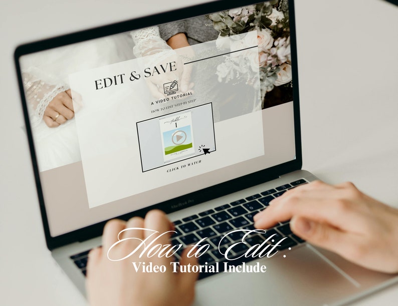 May include: A laptop computer screen displaying a website with the text "EDIT & SAVE" and "A VIDEO TUTORIAL". The website also includes a video player with a play button and the text "CLICK TO WATCH". The text "How to Edit: Video Tutorial Include" is displayed below the laptop.