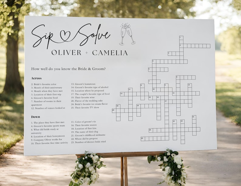 Custom Crossword Puzzle Wedding Template,Personalized Puzzle,Sip and Solve wedding game Crossword Bridal shower Giant crossword welcome sign