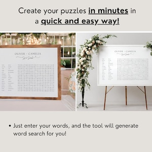 May include: Two white framed word search puzzles with the names Oliver and Camellia and the text "Say & Search" at the top. The puzzles are displayed on wooden easels. The puzzles are surrounded by white flowers.