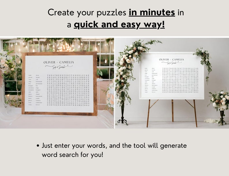 May include: Two white framed word search puzzles with the names Oliver and Camellia and the text "Say & Search" at the top. The puzzles are displayed on wooden easels. The puzzles are surrounded by white flowers.