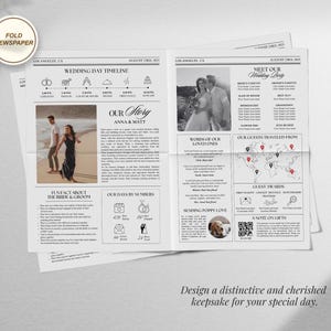 Newspaper Wedding Program Canva Template, Editable Wedding Newspaper Program, Large Newspaper, Wedding day itinerary timeline, welcome bags