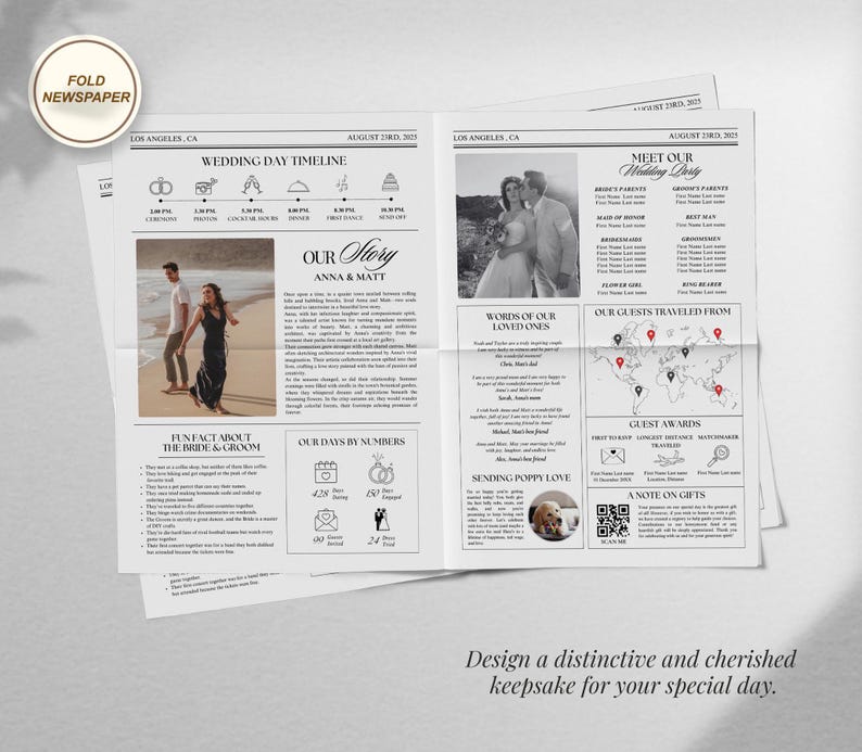 Newspaper Wedding Program Canva Template, Editable Wedding Newspaper Program, Large Newspaper, Wedding day itinerary timeline, welcome bags