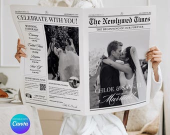 Wedding Newspaper program canva Template, Wedding Invitation Printable 4 page, Itinerary Newspaper club for print