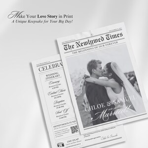 4 Page Wedding Newspaper Program Template, Editable Large Newspaper Canva Template,Wedding day timeline,Newlywed times,Itinerary welcome bag