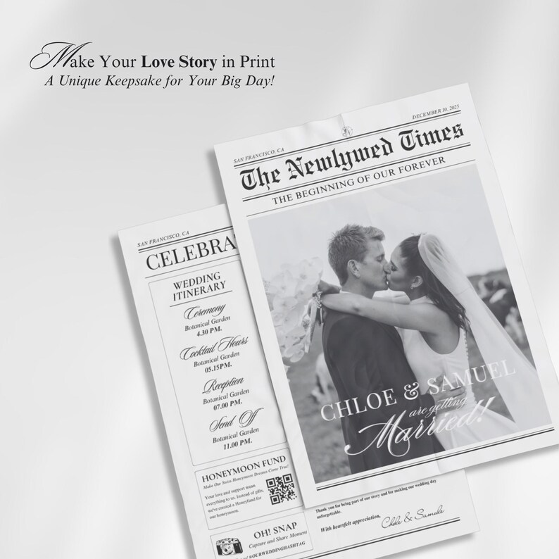 4 Page Wedding Newspaper Program Template, Editable Large Newspaper Canva Template,Wedding day timeline,Newlywed times,Itinerary welcome bag