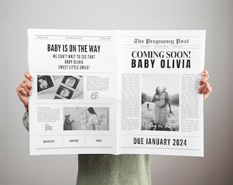 Baby Announcement Newspaper Template, Canva Editable newspaper Pregnancy announcement newspaper digital, Folded Newspaper for welcome bag.