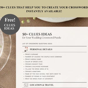 May include: A printable worksheet with a list of 50+ wedding crossword clue ideas. The worksheet is divided into two sections: Personal Details and Location & Travel. The worksheet is titled "50+ Clues Ideas for Your Wedding Crossword Puzzle".
