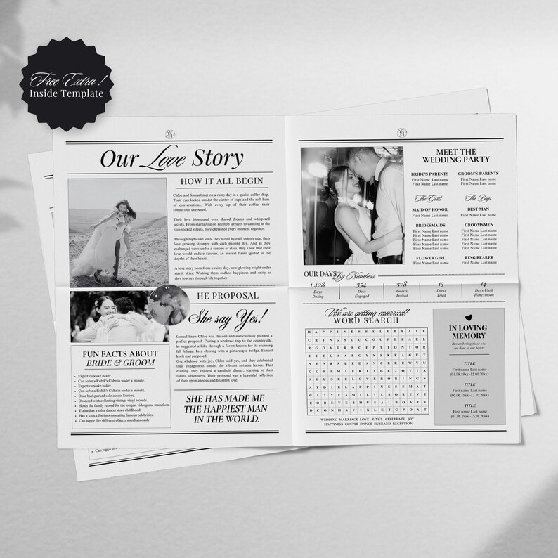 4 Page Wedding Newspaper Program Template, Editable Large Newspaper Canva Template,Wedding day timeline,Newlywed times,Itinerary welcome bag