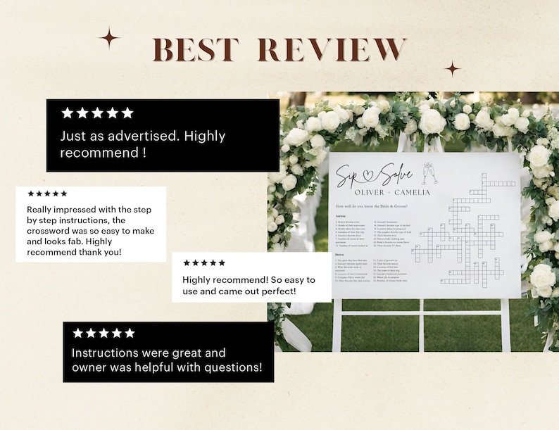 May include: Five-star reviews for a wedding crossword puzzle printable. The crossword puzzle is on a white background with black text. The text says "Sup Solve Oliver & Camelia".
