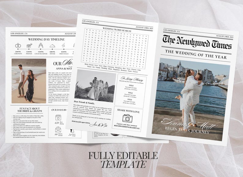Newspaper Wedding Program Canva Template, Editable Wedding Newspaper Program, Large Newspaper, Wedding day itinerary timeline, welcome bags