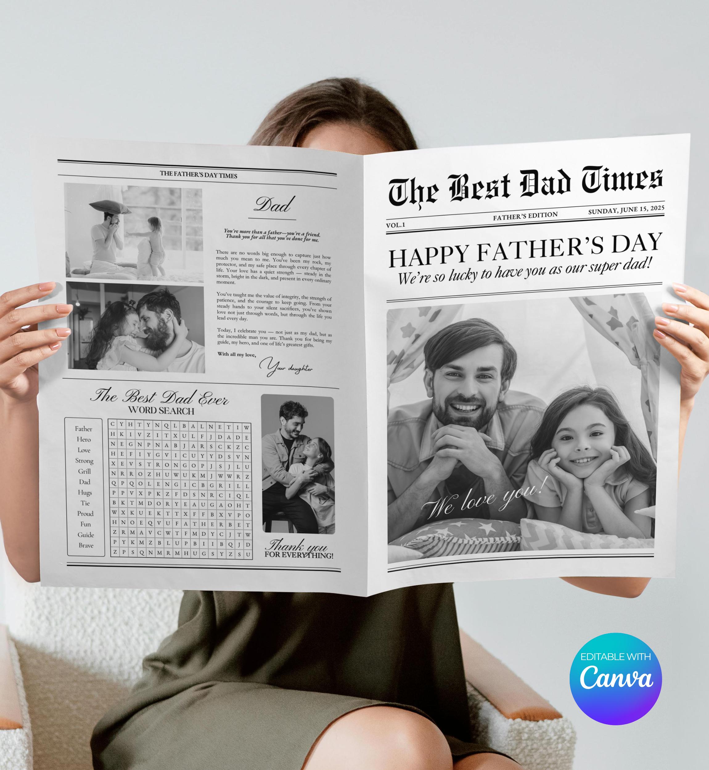 Editable Father's Day Newspaper Template: Canva Card (Digital Download)