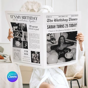Op de afbeelding: Een zwart-wit aankondiging in krantenstijl voor een verjaardag met de kop "IT'S MY BIRTHDAY" en "SARAH TURNS 25 TODAY!". De krant bevat foto's, evenementdetails en de tekst "Let the celebrations Together!" en "Cheers to the Queen of birthdays, Sarah!"