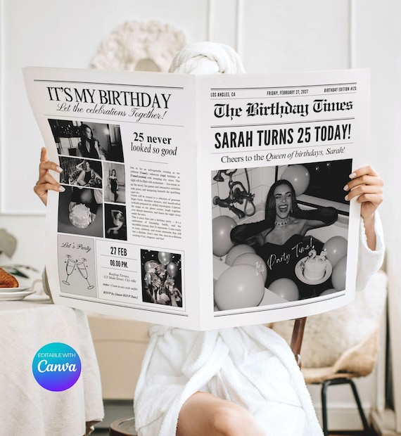 Birthday Newspaper canva Template, Invitation Party, Editable large Newspaper, (Digital Download)