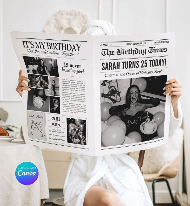 Birthday Newspaper canva Template, Invitation Party, Editable large Newspaper, (Digital Download)