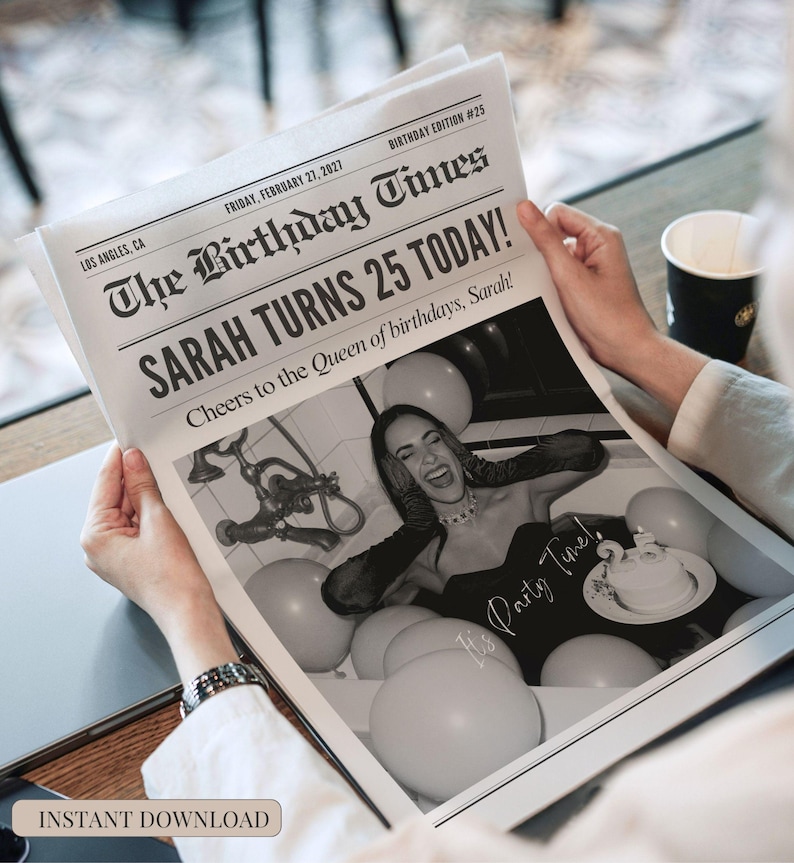 Birthday Newspaper canva Template, Invitation Party, Editable large Newspaper, (Digital Download)