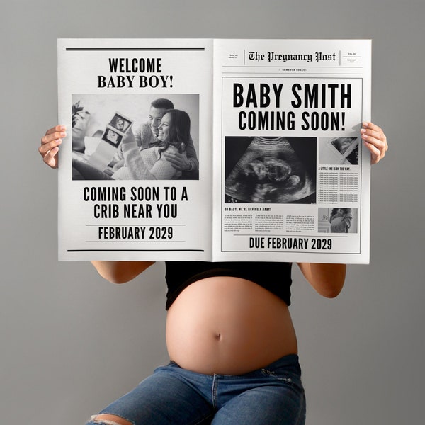 Plantilla de periódico de anuncio de bebé, periódico editable Canva Periódico de anuncio de embarazo digital, periódico doblado para bolsa de bienvenida.