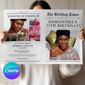 May include: A newspaper-style birthday party invitation for Samantha's 25th birthday. The invitation features a photo of Samantha with gold balloons and the text "Samantha's 25th Birthday! Let's Party!" The invitation also includes details about the party, including the date, time, and location.