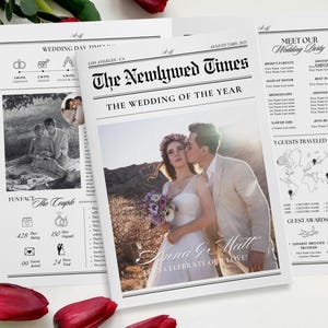 Newspaper Wedding Program Template, Canva Wedding Newspaper Program, Large Fold Newspaper, Wedding day timeline, Newlywed Times, welcome bag