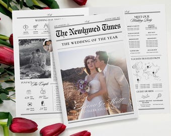Wedding Newspaper program canva Template, Printable 4 page Wedding Invitation, Itinerary Newspaper club for print