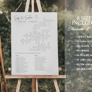 May include: A printable wedding crossword puzzle game with the title "Sip & Solve" and the names "Oliver & Camelia". The crossword puzzle is on a white background with black lines. The game includes 8 sizes: Card 5x7 inch, US Letter 8.5 x 11 inch, 24 x 36 inch, 36 x 48 inch, A4 210 x 297 mm, A5 (148 x 210 mm), A1 (594 x 841 mm), and AO (841 x 1188 mm).
