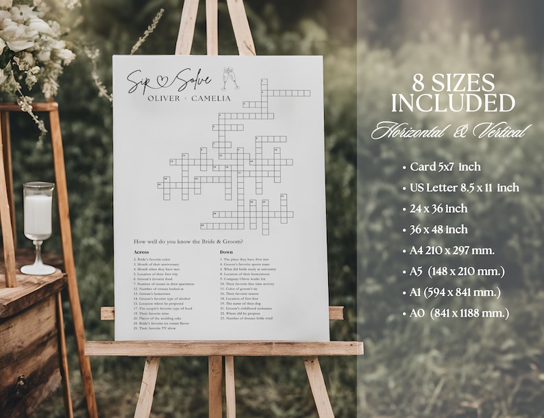 May include: A printable wedding crossword puzzle game with the title "Sip & Solve" and the names "Oliver & Camelia". The crossword puzzle is on a white background with black lines. The game includes 8 sizes: Card 5x7 inch, US Letter 8.5 x 11 inch, 24 x 36 inch, 36 x 48 inch, A4 210 x 297 mm, A5 (148 x 210 mm), A1 (594 x 841 mm), and AO (841 x 1188 mm).
