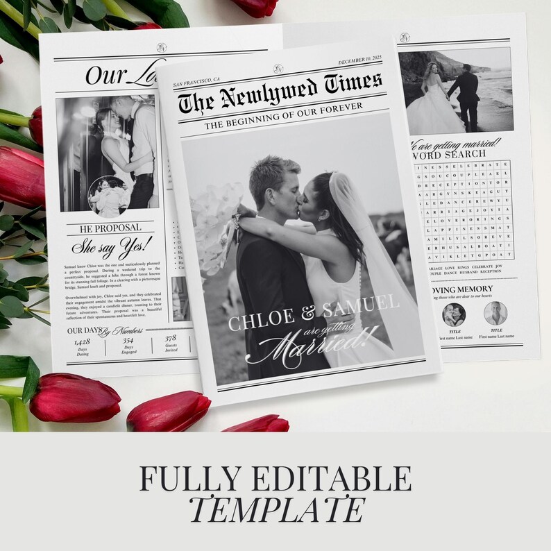 Wedding Newspaper program canva Template, Printable 4 page Wedding Invitation, Itinerary Newspaper club for print image 4