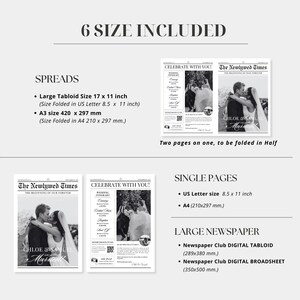 May include: A black and white wedding announcement template with six different size options: Large Tabloid, A3, US Letter, A4, Newspaper Club Digital Tabloid, and Newspaper Club Digital Broadsheet. The template features a newspaper design with the text "The Newlywed Times" and "Celebrate With You!"