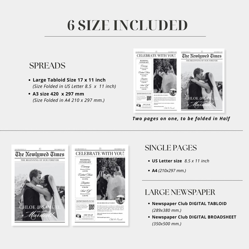 May include: A black and white wedding announcement template with six different size options: Large Tabloid, A3, US Letter, A4, Newspaper Club Digital Tabloid, and Newspaper Club Digital Broadsheet. The template features a newspaper design with the text "The Newlywed Times" and "Celebrate With You!"