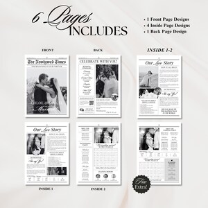 May include: Black and white wedding announcement design template with a newspaper theme. The front page features a photo of a couple and the text "The Newlywed Times" and "Chloe & Samuel Married". The back page features a wedding itinerary and the text "Celebrate with You!" The inside pages feature a love story, a wedding party, and a word search puzzle.