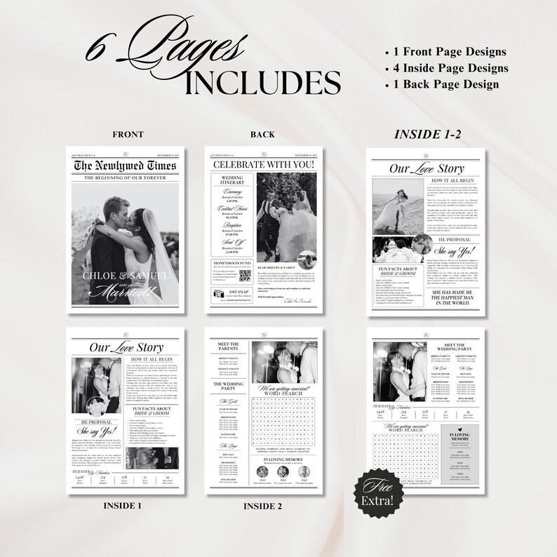 May include: Black and white wedding announcement design template with a newspaper theme. The front page features a photo of a couple and the text "The Newlywed Times" and "Chloe & Samuel Married". The back page features a wedding itinerary and the text "Celebrate with You!" The inside pages feature a love story, a wedding party, and a word search puzzle.