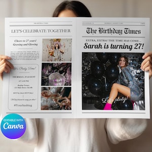 Bearbeitbare Geburtstagszeitungsvorlage, Canva anpassbare Fotoshooting-Requisite, für Zeitungs-Geburtstagsfeier-Einladungen, lustige Fakten und Kreuzworträtsel