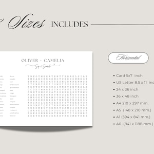May include: A printable wedding word search puzzle with the names Oliver and Camellia. The puzzle includes 8 different sizes, including 5x7 inch, 8.5 x 11 inch, 24 x 36 inch, 36 x 48 inch, A4 (210 x 297 mm), A5 (148 x 210 mm), A1 (594 x 841 mm), and AO (841 x 1188 mm).