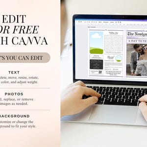 以下が含まれることがあります： 新聞のデザインの結婚式の発表テンプレートを表示しているラップトップの画面。テンプレートには、カップルの写真、クロスワードパズル、そして「The Newlywed Post - A Day to Remember」というテキストが掲載されています。「Edit for free with Canva」というテキストが画像の左側部分に表示されています。